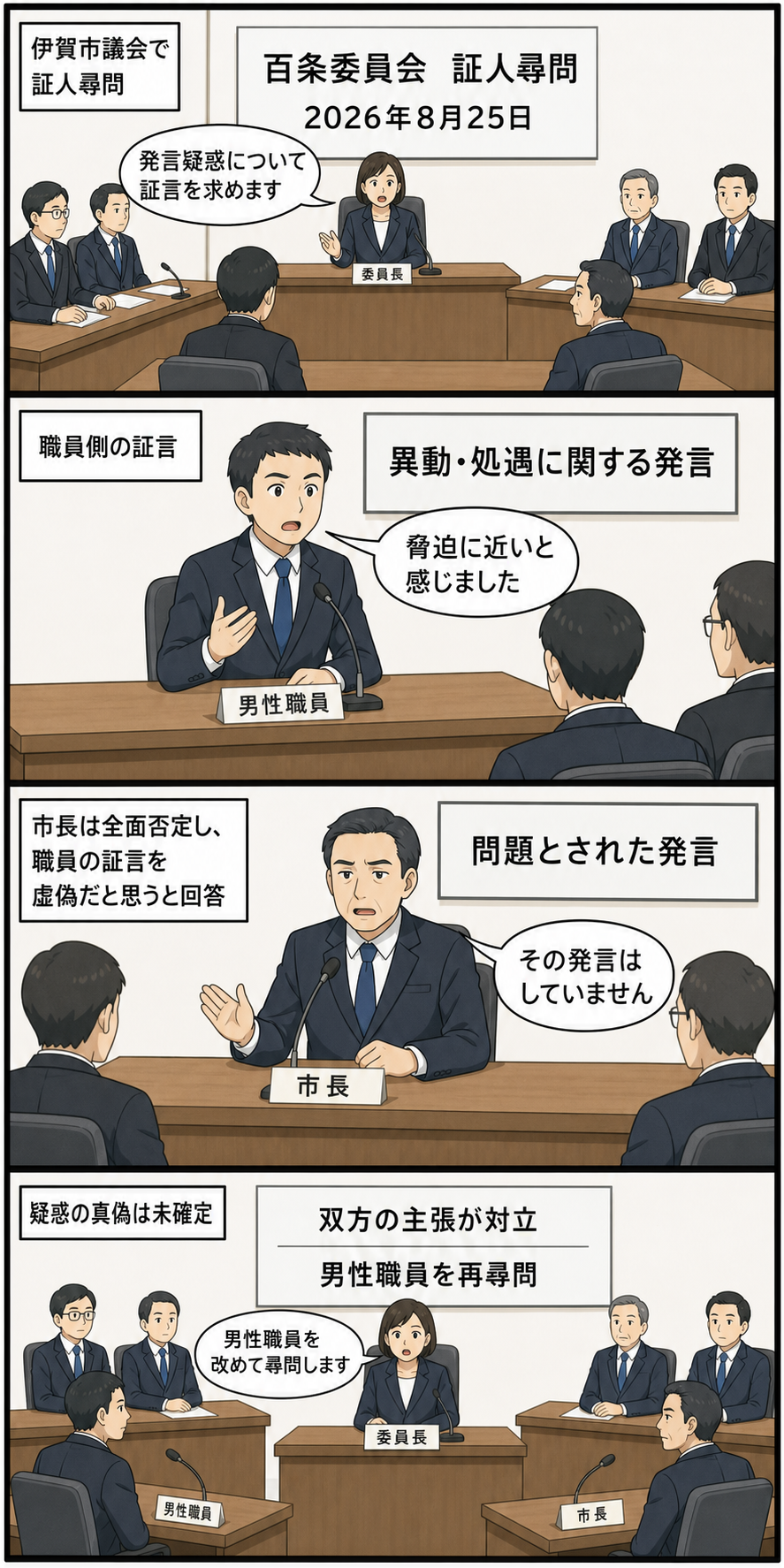 伊賀市議会の百条委員会で、男性職員が市長の発言を脅迫に近いと証言し、スーツ姿の男性市長風キャラが発言を否定する。双方の主張が対立するなか、委員会が職員の再尋問方針を示す4コマ漫画。