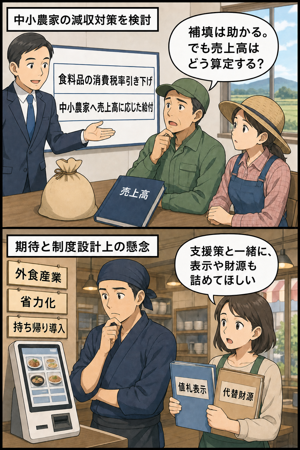食料品の消費税率引き下げに伴い、政府・与党が中小農家への給付金と外食産業への省力化・持ち帰り支援を検討する一方、算定方法や制度対応への期待と懸念を対比した2コマ漫画。