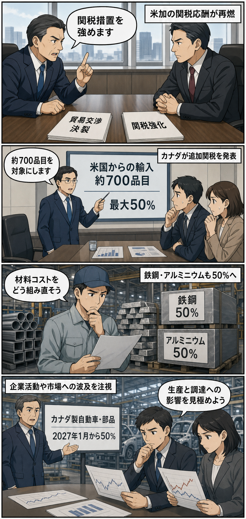 米国とカナダの関税応酬について、カナダの約700品目への最大50％の追加関税、鉄鋼・アルミニウム関税の50％への引き上げ、米国のカナダ製自動車・部品への2027年1月からの50％関税を、慎重な表情の通商担当者や企業...