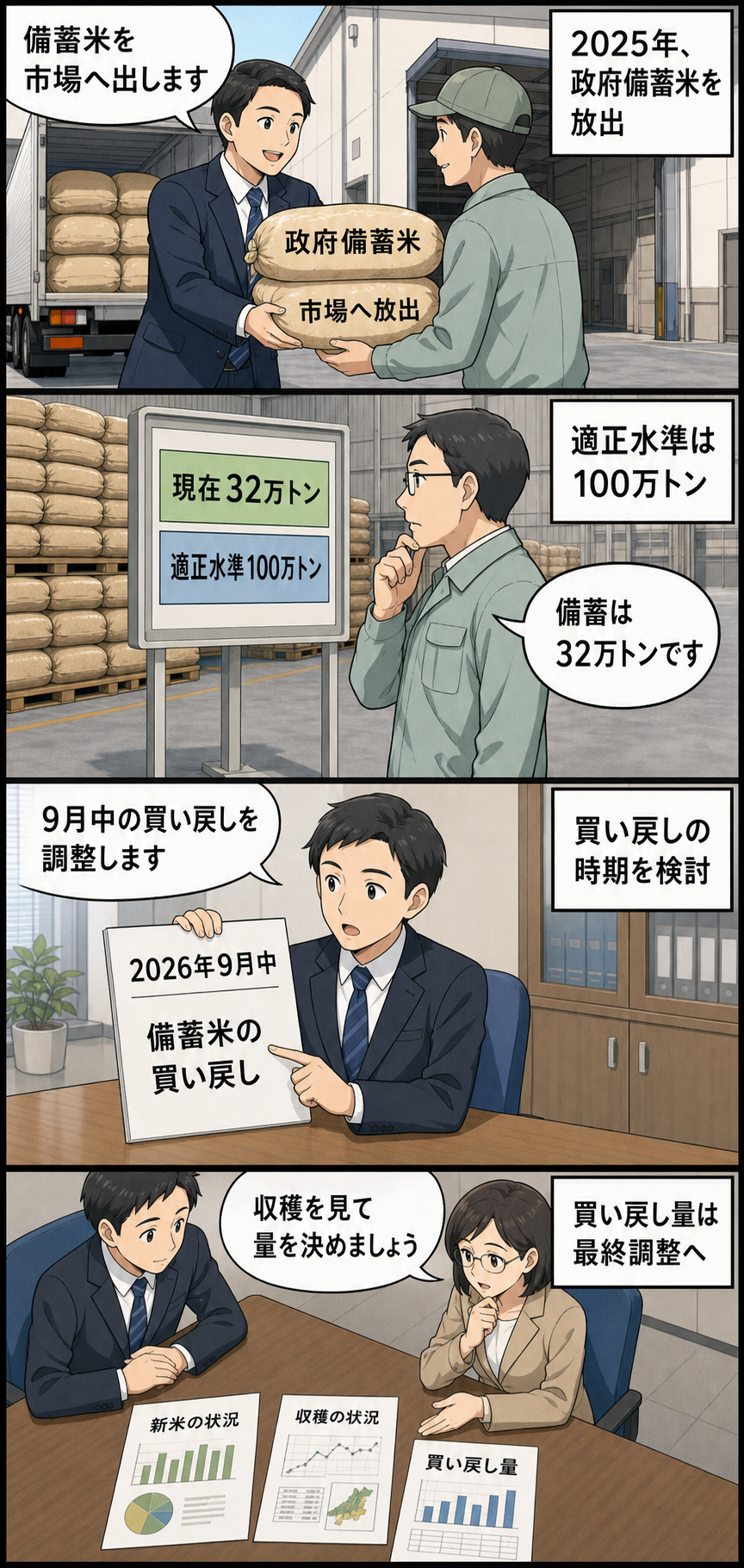 政府備蓄米が2025年に市場へ放出され、備蓄量が32万トンまで減った後、農水省が2026年9月中の買い戻しを検討し、新米や収穫の状況を見て数量を決める流れを描いた4コマ漫画。