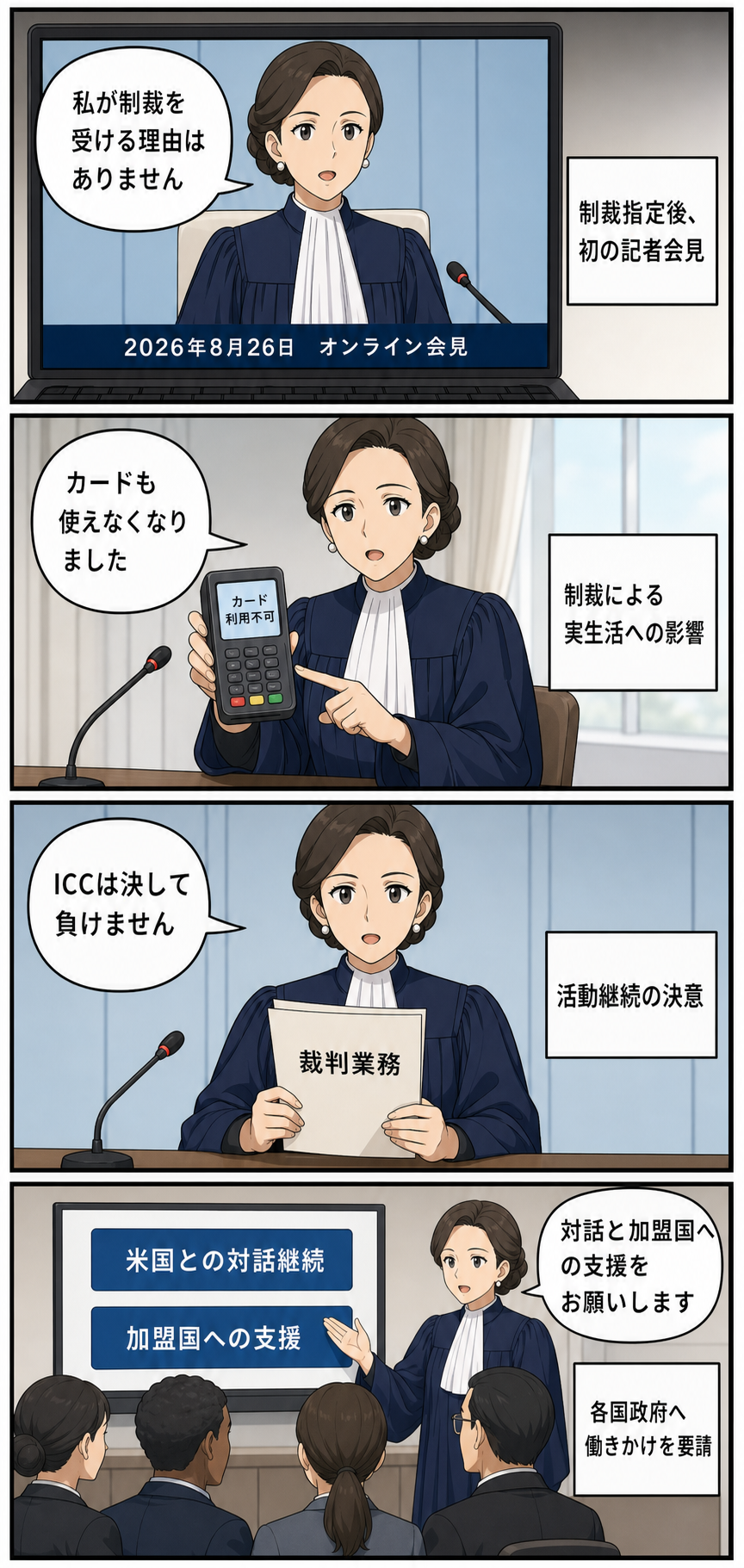 オンライン会見に臨む女性の国際裁判所所長風キャラが、制裁に理由はないと反論し、カード利用停止の実害を説明したうえで、裁判業務の継続と加盟国の支援を求める4コマ漫画。