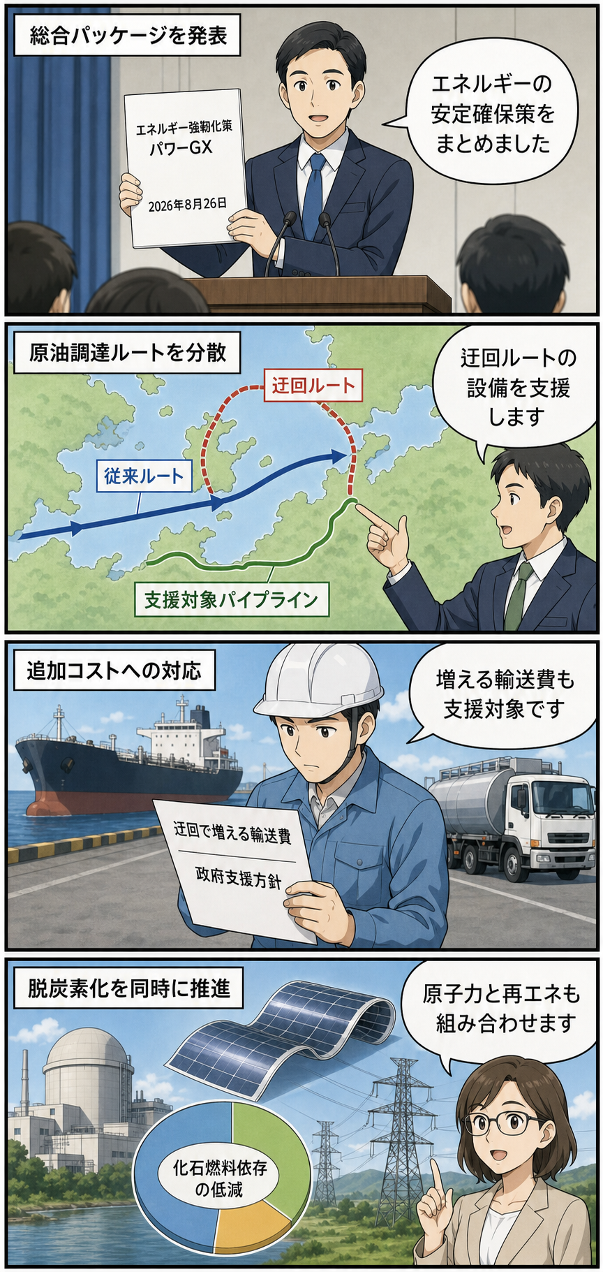 政府が発表した「パワーGX」について、原油輸入ルートの分散、追加輸送費への支援、原子力と再生可能エネルギーの活用を四つの場面で説明する中立的な漫画。