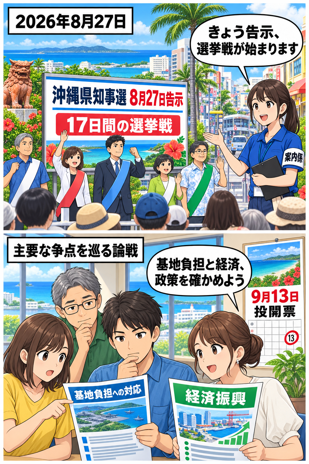 沖縄県知事選が8月27日に告示され、基地負担への対応と経済振興を争点に、9月13日の投開票へ向けて有権者が政策を見比べる様子。