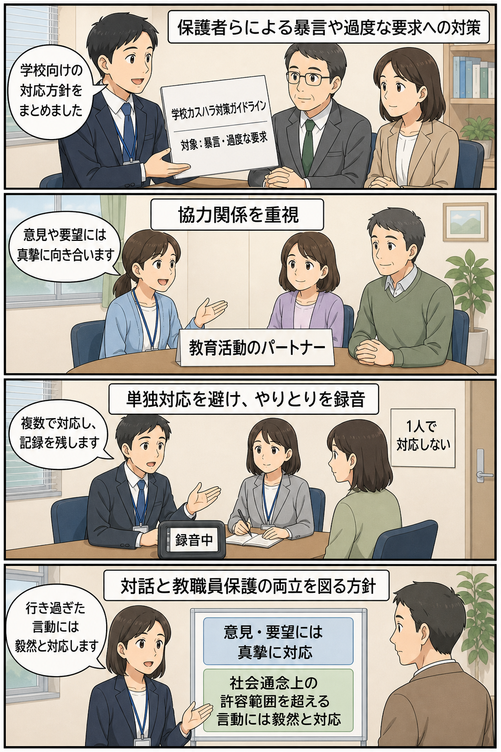文部科学省の学校向けガイドラインについて、保護者や地域住民との協力を重視しながら、複数対応と録音を取り入れ、許容範囲を超える言動には毅然と対応する方針を4コマで示した中立的な漫画。