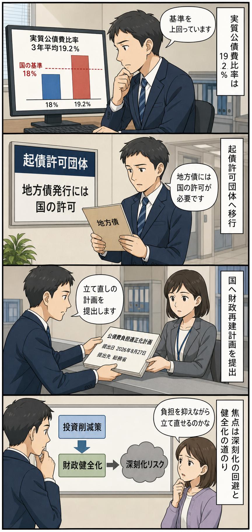 兵庫県の実質公債費比率が18％の基準を超え、起債許可団体へ移行した後、県が公債費負担適正化計画を総務省へ提出し、住民が健全化の道のりを心配する四コマ漫画。