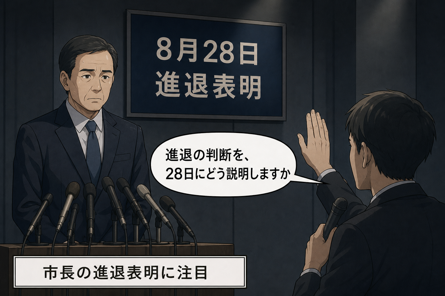 「8月28日 進退表明」と記された掲示の前に立つスーツ姿の男性市長風キャラへ、記者が判断の説明を求めている。