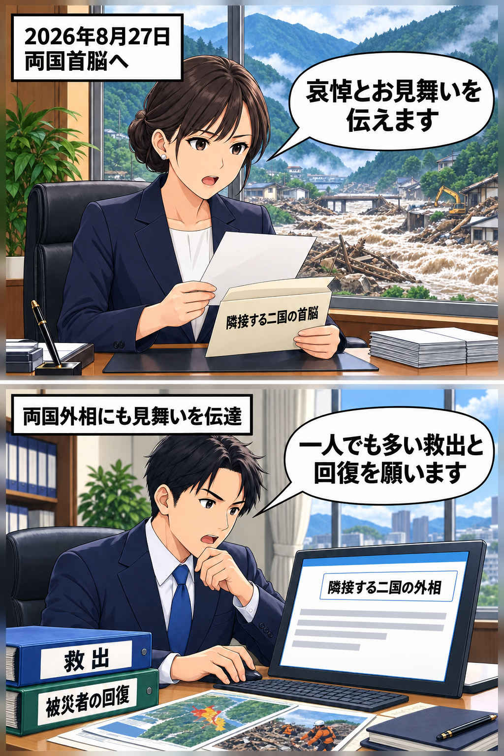 洪水と土石流の被災地域を背景に、女性の首相風キャラと男性の外相風キャラが、それぞれ相手国の首脳と外相へ哀悼と見舞いを伝える中立的な2コマ漫画。