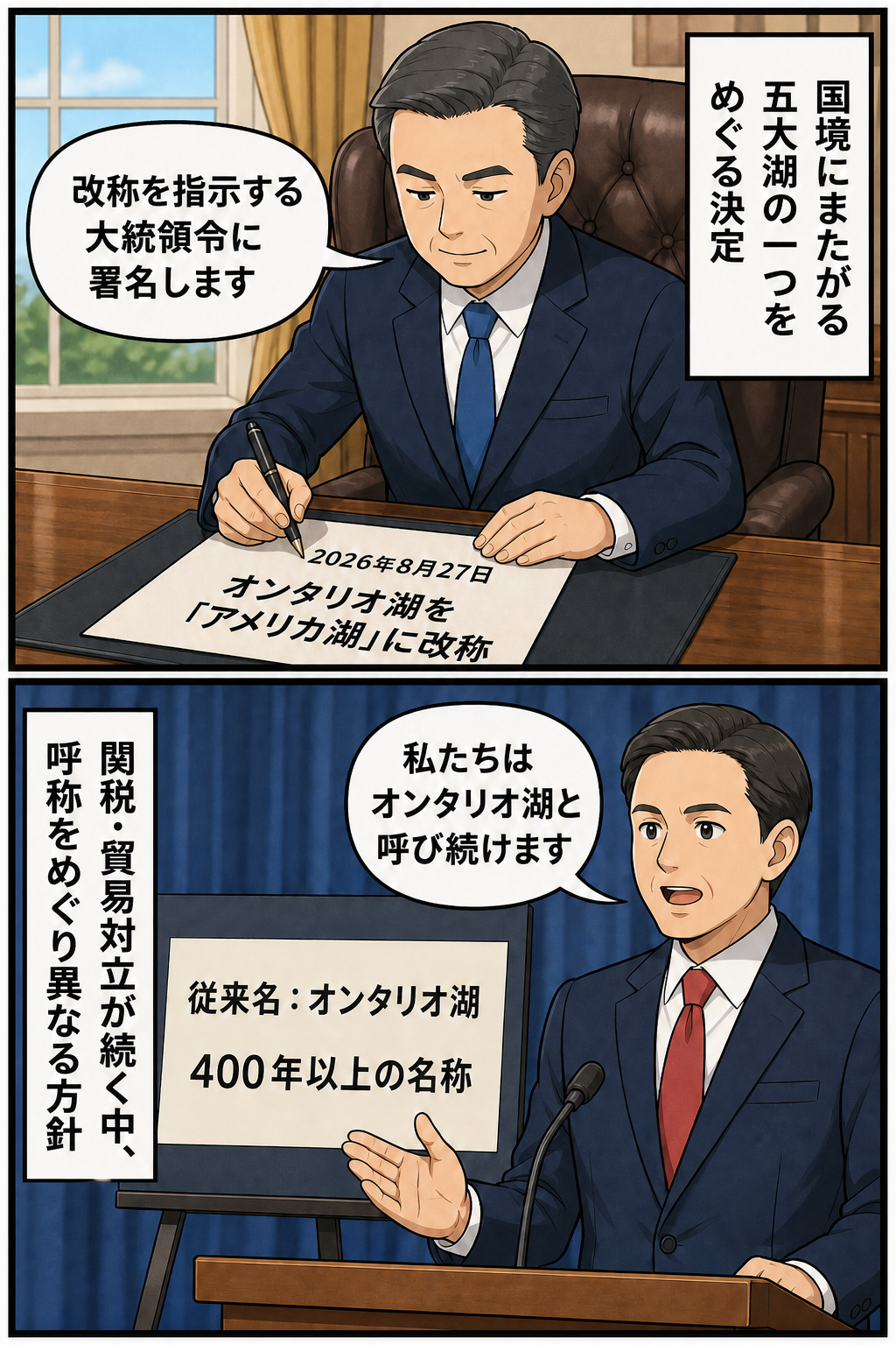 オンタリオ湖の改称を指示する大統領令に署名する男性の大統領風キャラと、従来の名称を使い続けると表明する男性の首相風キャラを描いた2コマ漫画。