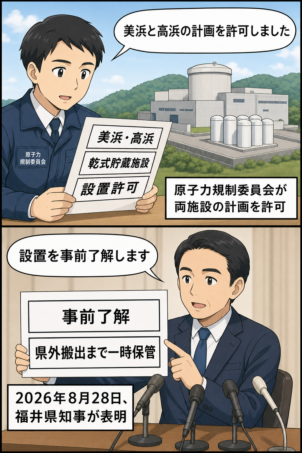 美浜、高浜両原発の乾式貯蔵施設計画が規制委員会の許可を受けた後、福井県知事を表す男性キャラクターが事前了解を表明し、県外搬出までの一時保管であることを説明する2コマ漫画。