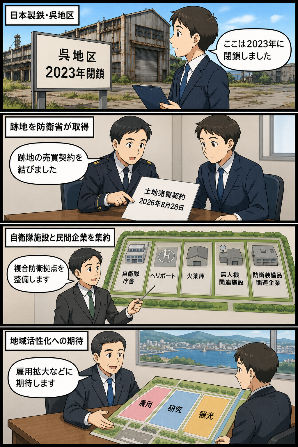 2023年に閉鎖された呉地区の製鉄所跡地について、防衛省が2026年8月28日に売買契約を結び、自衛隊施設と防衛産業を集める複合拠点を計画し、市が雇用拡大などに期待する流れを描いた4コマ漫画。