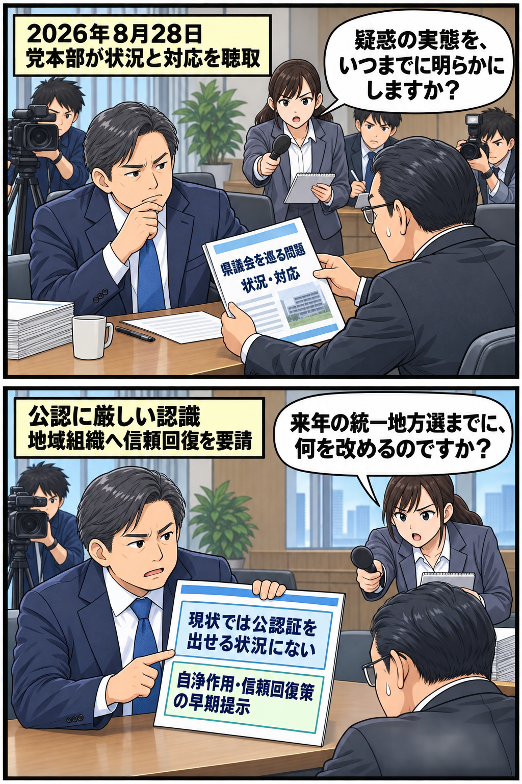 党本部で福岡の地域組織幹部から説明を聴く男性の党幹事長風キャラと、現状では県議を公認できる状況にないとして自浄と信頼回復を求める場面を描いた2コマ漫画。