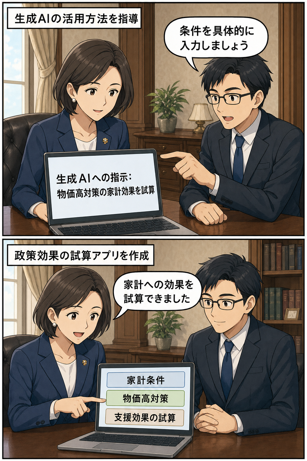 官邸風の執務室で、スーツ姿の女性の首相風キャラが男性の野党党首兼AIエンジニア風キャラから生成AIの使い方を学び、物価高対策の家計効果を試算するアプリを作成する二コマ漫画。