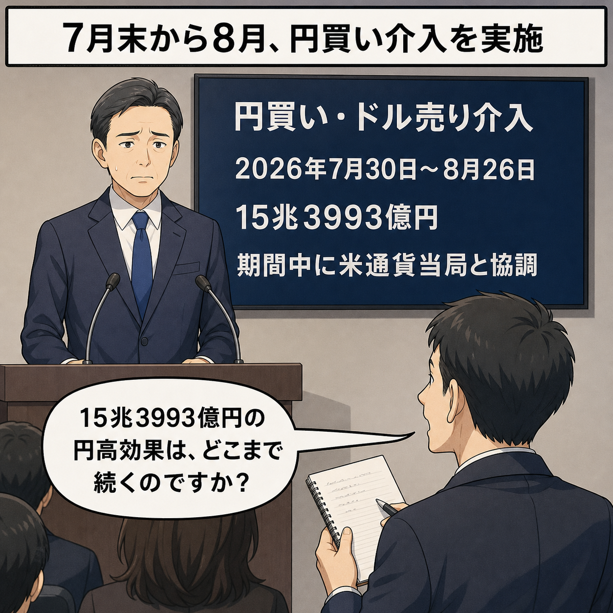 政府・中央銀行の担当者風キャラが為替介入の実績を説明し、記者が15兆3993億円の介入による円高効果の持続性を問いただす一コマ漫画。