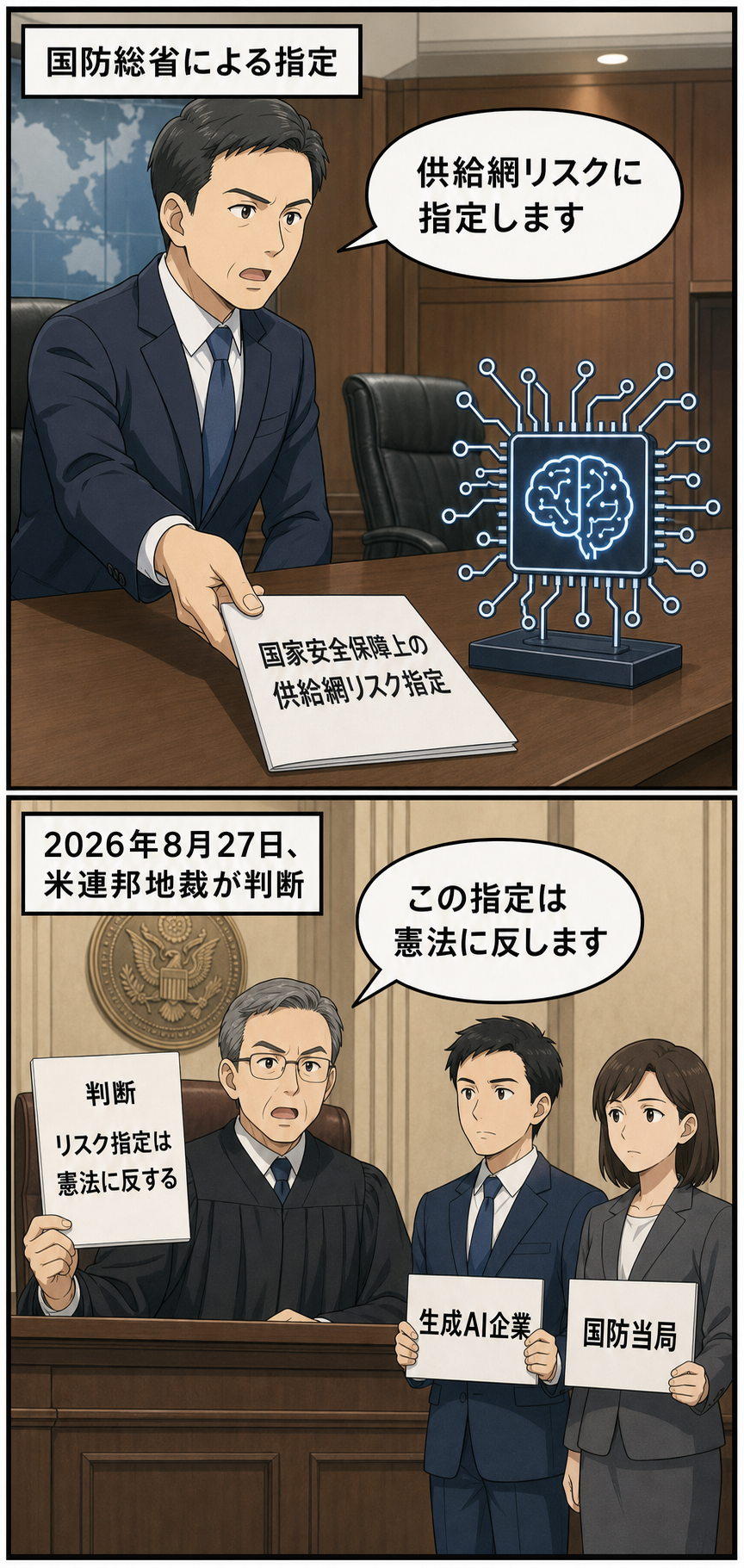 国防当局が生成AI企業を供給網リスクに指定し、その措置について連邦地裁が憲法に反すると判断するまでを描いた中立的な2コマ漫画。
