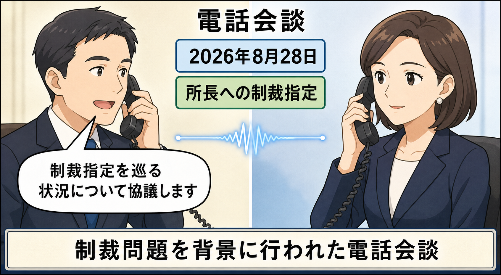 制裁指定に関する報道資料を脇に置き、スーツ姿の男性の外相風キャラと女性の国際司法機関所長風キャラが電話で協議する中立的な一コマ。