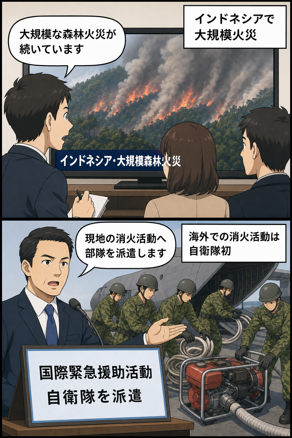 大規模な森林火災を受け、男性の防衛相風キャラが国際緊急援助活動として自衛隊を派遣すると表明し、海外初の消火活動になることを伝える2コマ漫画。