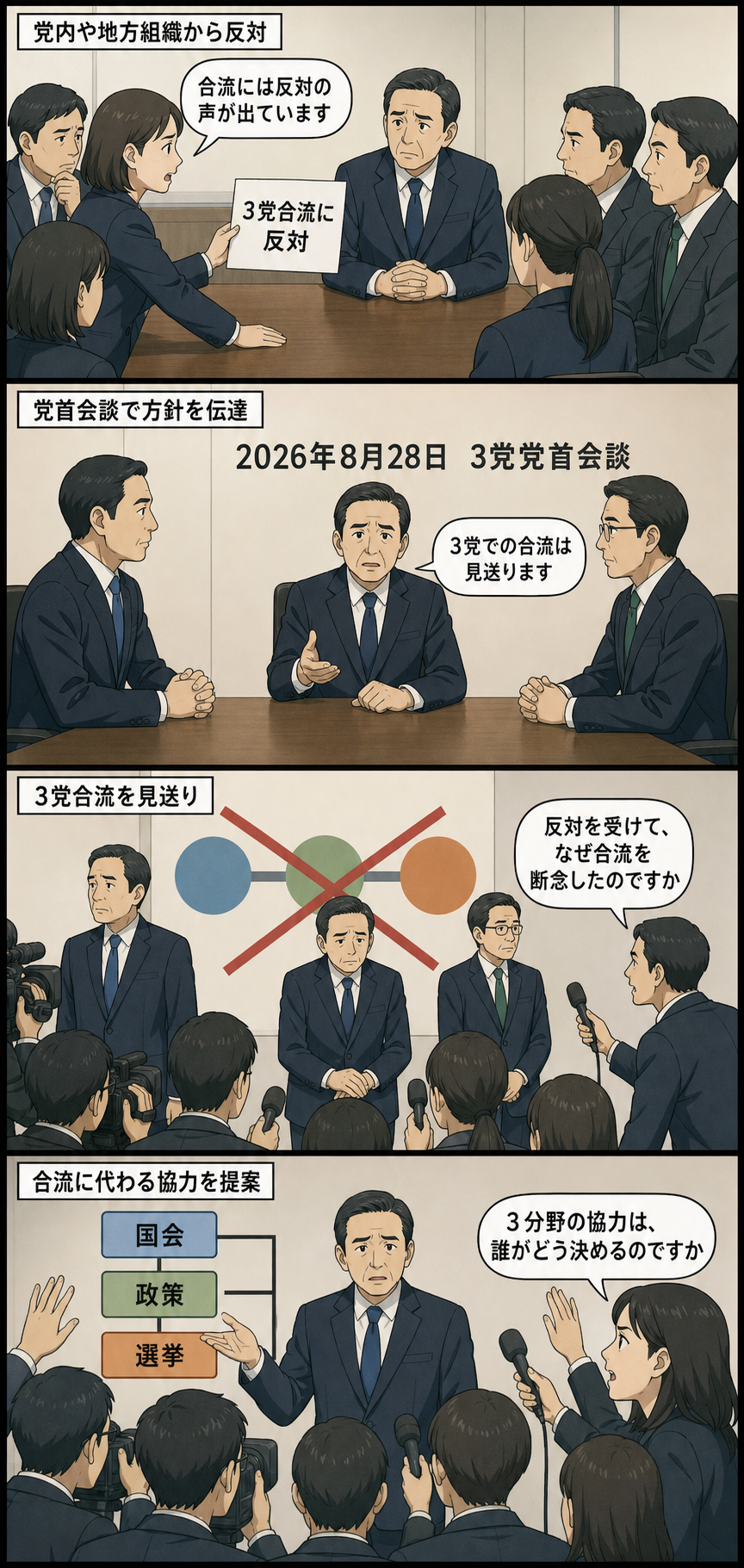 党内や地方組織から反対意見が示され、2026年8月28日の3党党首会談で合流見送りが伝えられた後、国会・政策・選挙での協力案について記者が具体性を問いただす4コマ漫画。