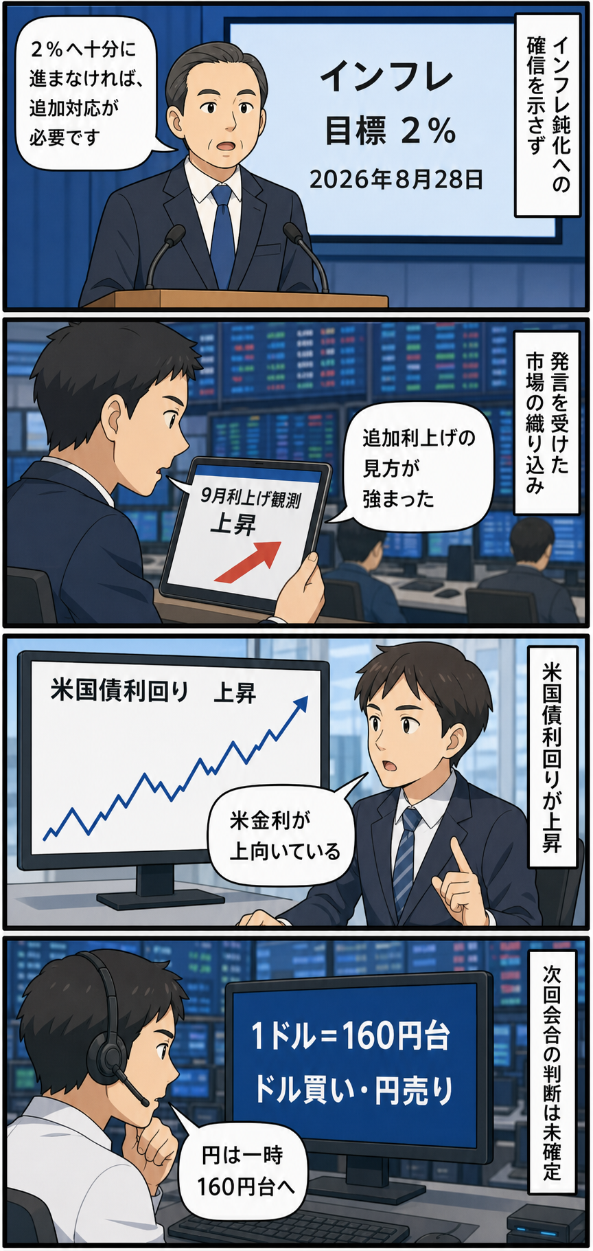 男性の中央銀行議長風キャラによるインフレ警戒の発言から、追加利上げ観測と米国債利回りが上昇し、円相場が1ドル160円台へ下落するまでを描いた4コマ漫画。