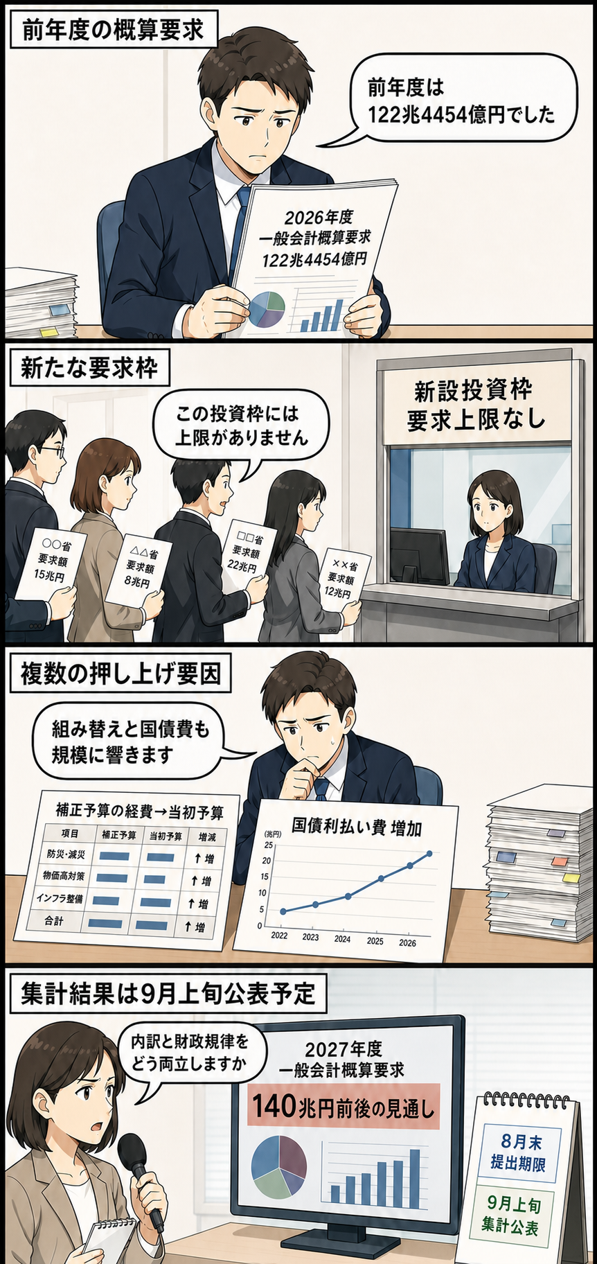 2026年度の122兆4454億円を起点に、上限のない投資枠、当初予算への経費組み替え、国債費の増加によって、2027年度の概算要求が140兆円前後へ膨らむ見通しと今後の日程を慎重な雰囲気で描く4コマ漫画。
