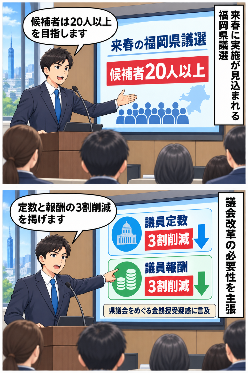 福岡市内の講演会で、スーツ姿の男性の政党代表風キャラが福岡県議選への20人以上の候補者擁立方針を表明し、続いて議員定数と報酬の3割削減を掲げる中立的な2コマ漫画。