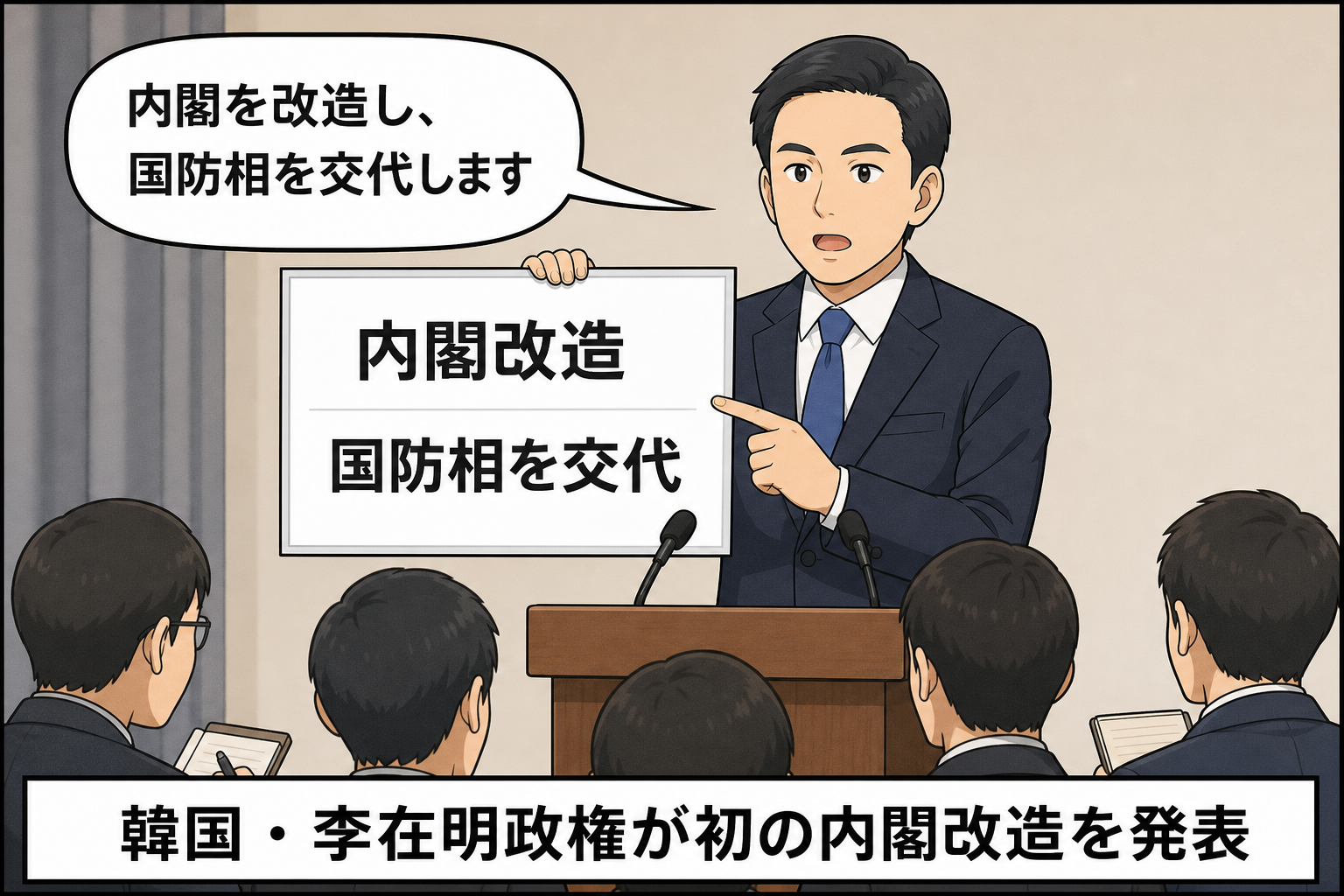 会見場で、スーツ姿の男性の政権代表風キャラが内閣改造と国防相交代を発表し、記者が内容を確認している中立的な一コマ漫画。
