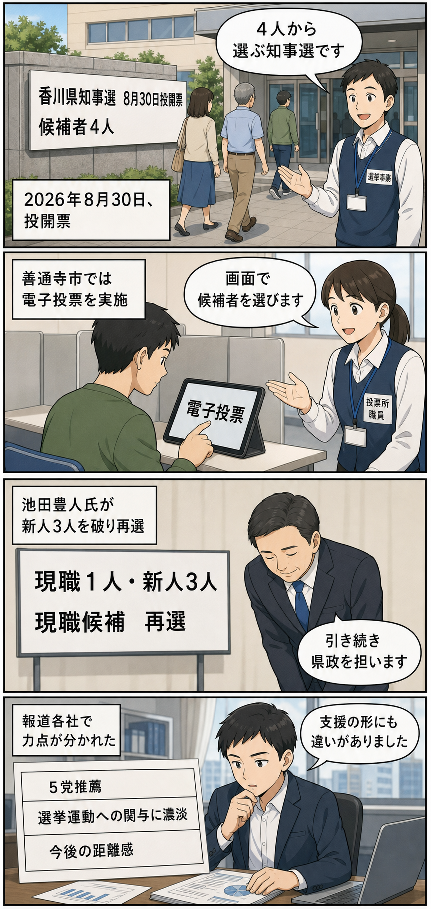香川県知事選について、投票、善通寺市の電子投票、現職候補の再選、5党による推薦の構図を順に描いた中立的な4コマ漫画。