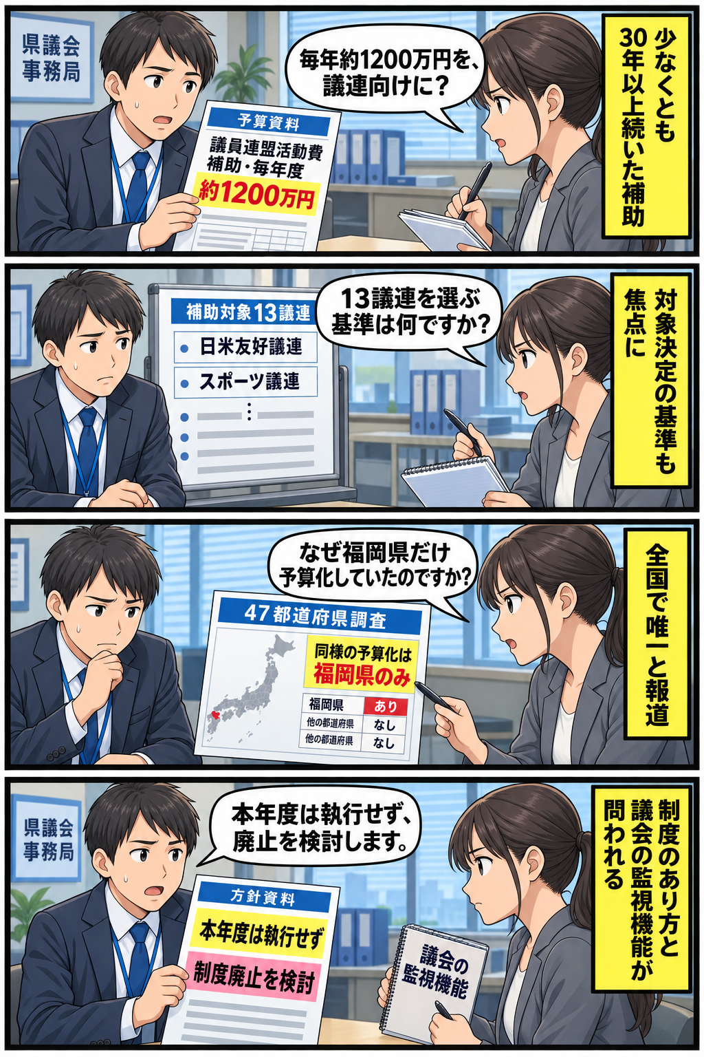 福岡県の議員連盟向け補助金について、毎年度1200万円規模の予算、13議連への補助、全国唯一と判明した調査、執行見送りと廃止方針を順に描く4コマ漫画。