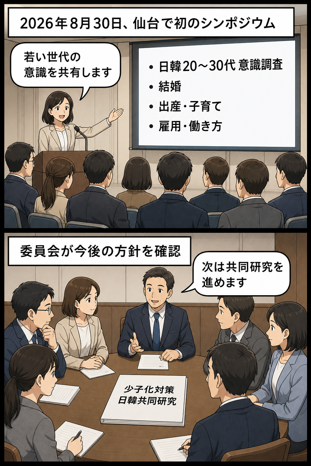 仙台で開かれた日韓少子化対策交流委員会の初シンポジウムで、日韓の関係者が若者の意識調査を共有し、共同研究の方針を確認する2コマ漫画。