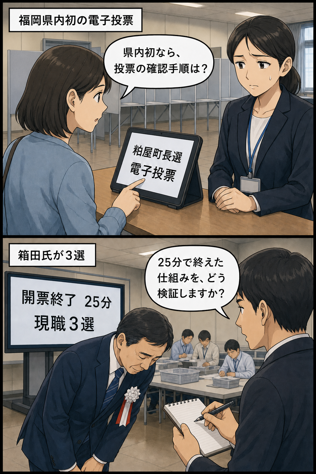 粕屋町長選で有権者がタブレット端末を使って投票し、確認手順を問う有権者に職員が説明する場面と、開票が25分で終了して男性の現職町長風キャラの3選が示される場面。