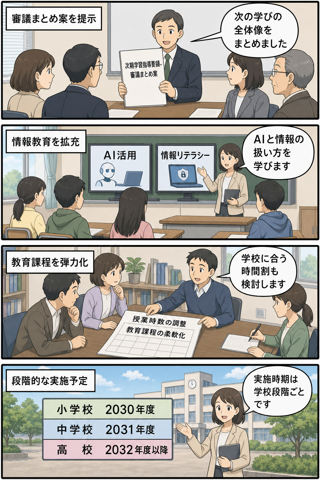 中央教育審議会の特別部会で次期学習指導要領の案が示され、AI活用と情報リテラシー教育、柔軟な教育課程、学校段階別の実施予定年度が順に説明される4コマ漫画。