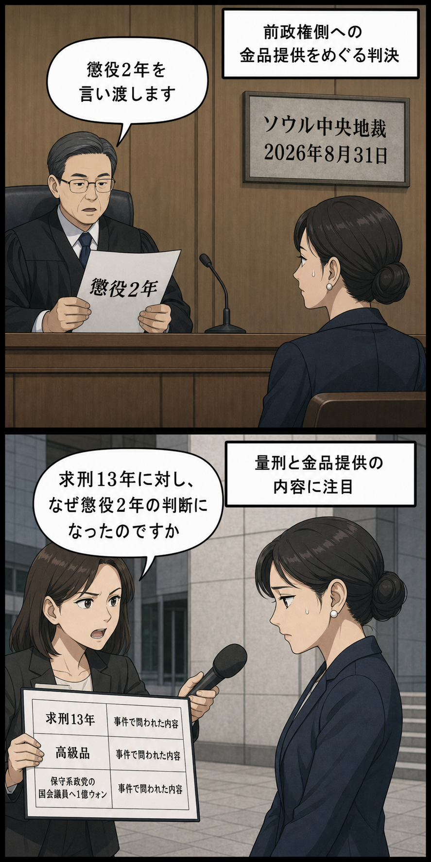 ソウル中央地裁を模した法廷で、女性の宗教団体代表風キャラに懲役2年の判決が示され、続いて記者が求刑との差や事件で問われた金品について具体的に問いかける2コマ漫画。
