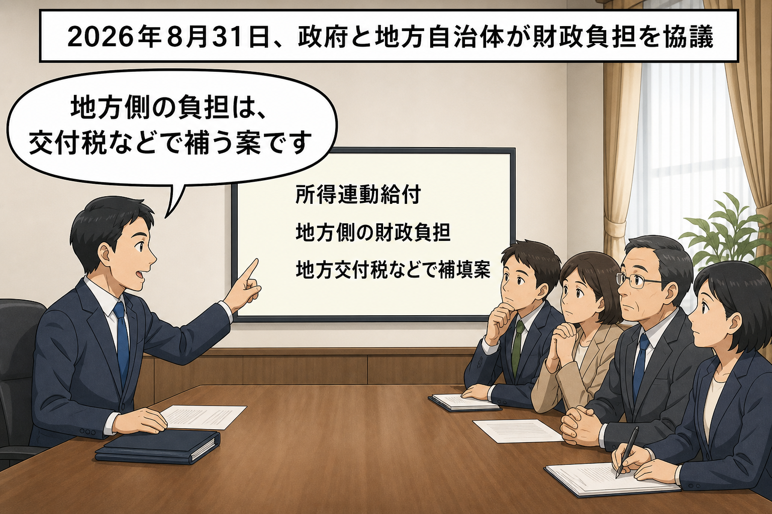 政府側と地方自治体側の一般化キャラクターが協議し、政府側が地方交付税などによる自治体負担の補填案を説明している中立的な一コマ漫画。