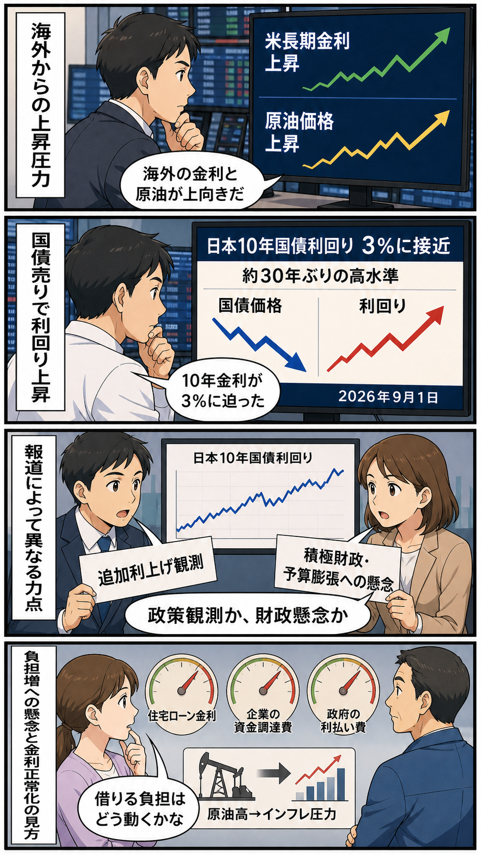 米国金利や原油高を背景に日本国債が売られ、10年物国債の利回りが3％に接近する様子と、金融政策や財政への見方、家計や企業への波及懸念を中立的に描く4コマ漫画。