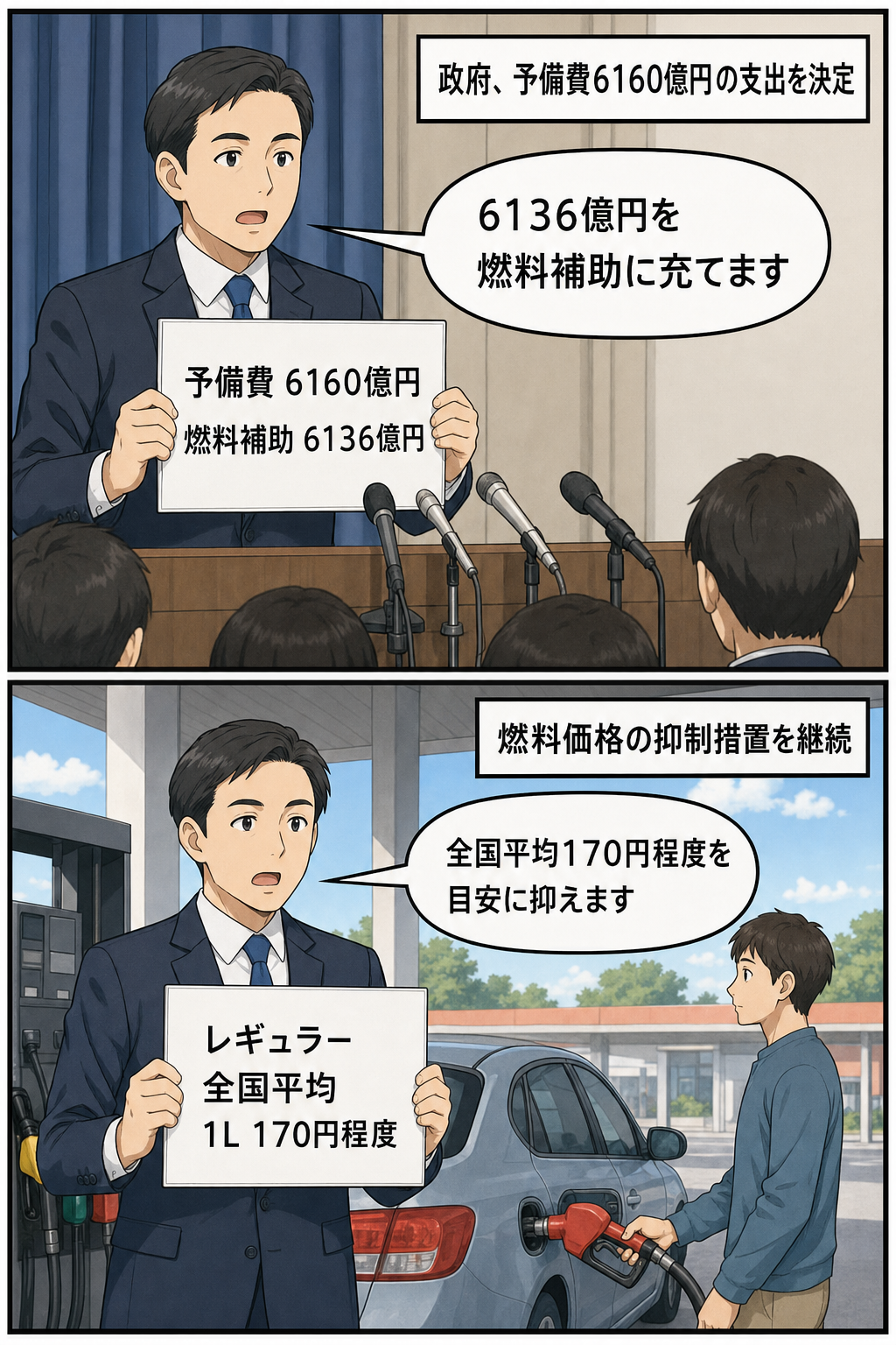 政府が予備費6160億円の支出と、そのうち6136億円を燃料価格抑制の補助に充てる決定を説明し、全国平均のレギュラーガソリン価格を1リットル170円程度に抑える方針を示す2コマ漫画。