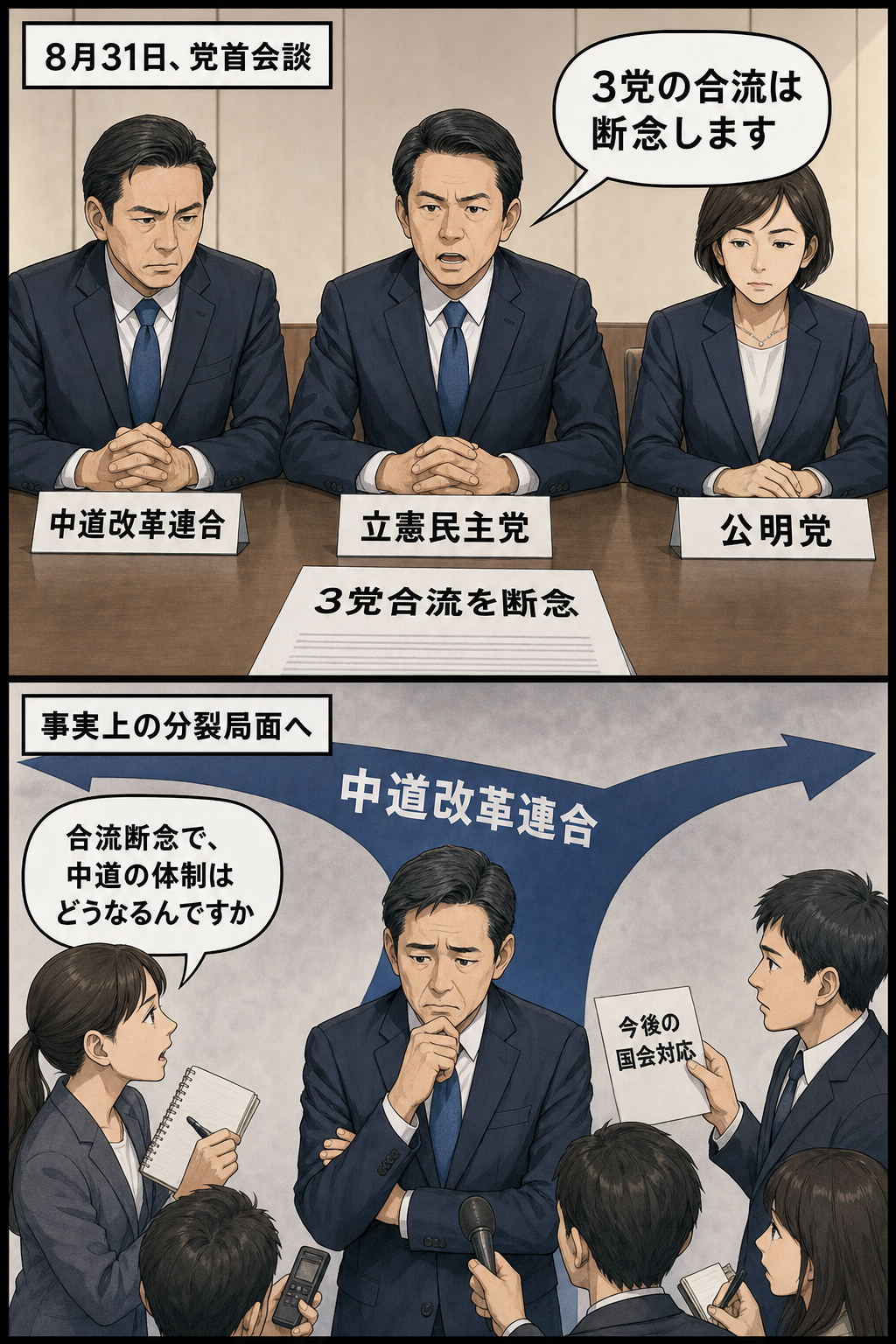 3党の一般化された代表者が合流断念を表明し、その後、中道改革連合が事実上の分裂局面に入るなか、記者から今後の体制を問われる様子を描いた2コマ漫画。