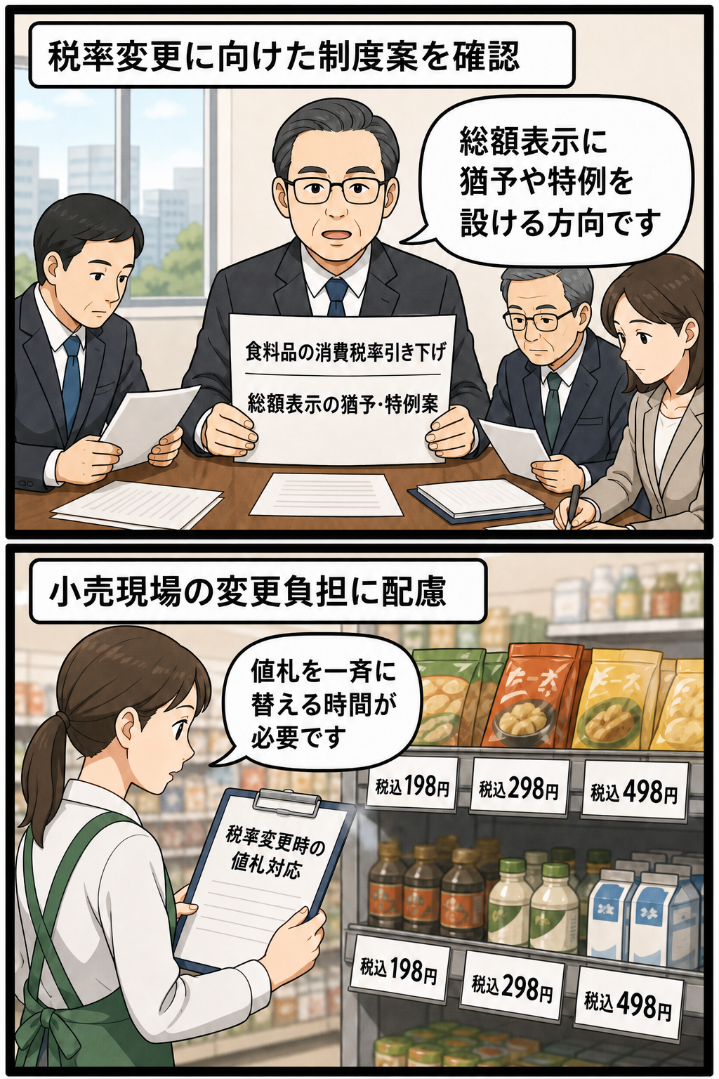 税制調査会の幹部会合で食料品の消費税率引き下げに伴う総額表示の猶予・特例案を確認し、小売店では店員が多数の値札変更に備える様子を描いた2コマ漫画。