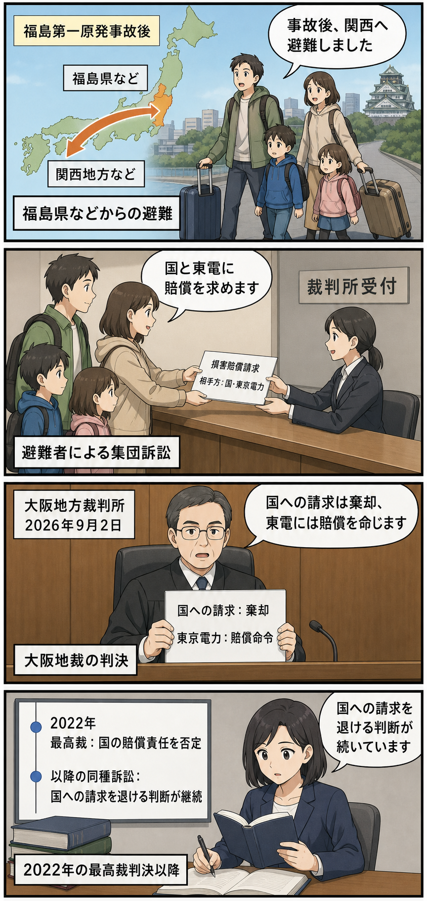 福島第一原発事故後に関西などへ避難した人々が国と東京電力に賠償を求め、大阪地裁が国への請求を棄却する一方で東京電力に賠償を命じた経緯を、中立的に描く4コマ漫画。