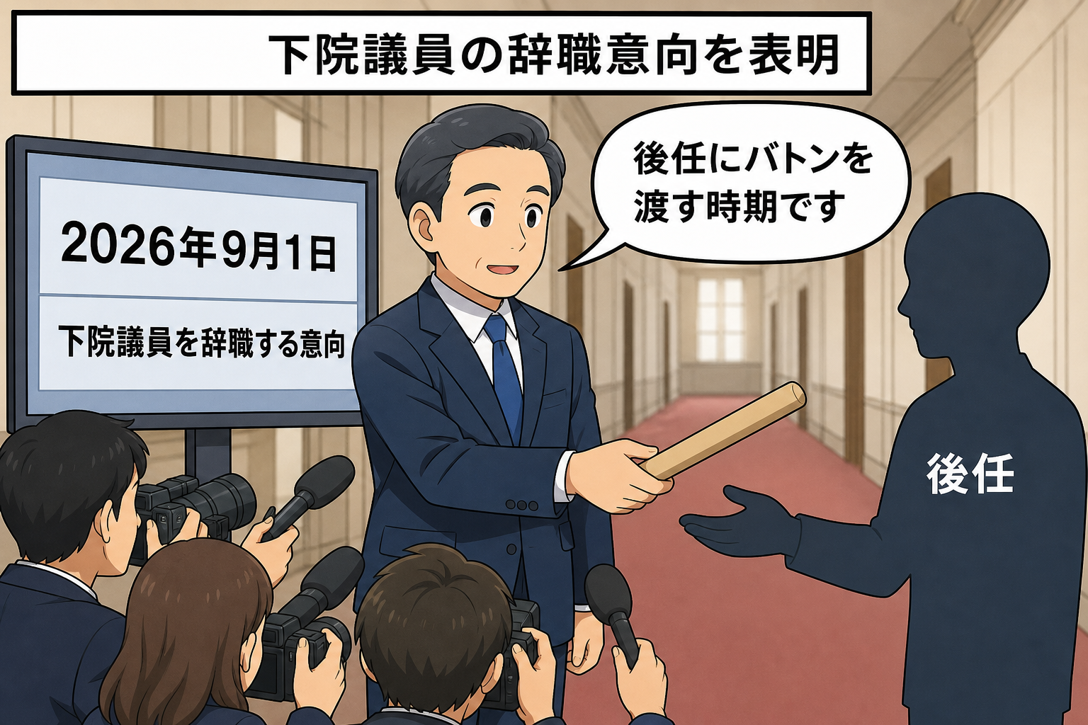 議会を背景に、スーツ姿の男性の前首相風キャラが、後任にバトンを渡す時期だとして議員辞職の意向を表明している。