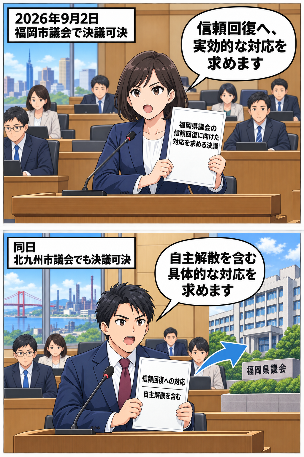 福岡市議会と北九州市議会が、それぞれ福岡県議会に信頼回復を求める決議を可決し、北九州市議会の決議には自主解散を含む対応が盛り込まれたことを示す中立的な2コマ漫画。