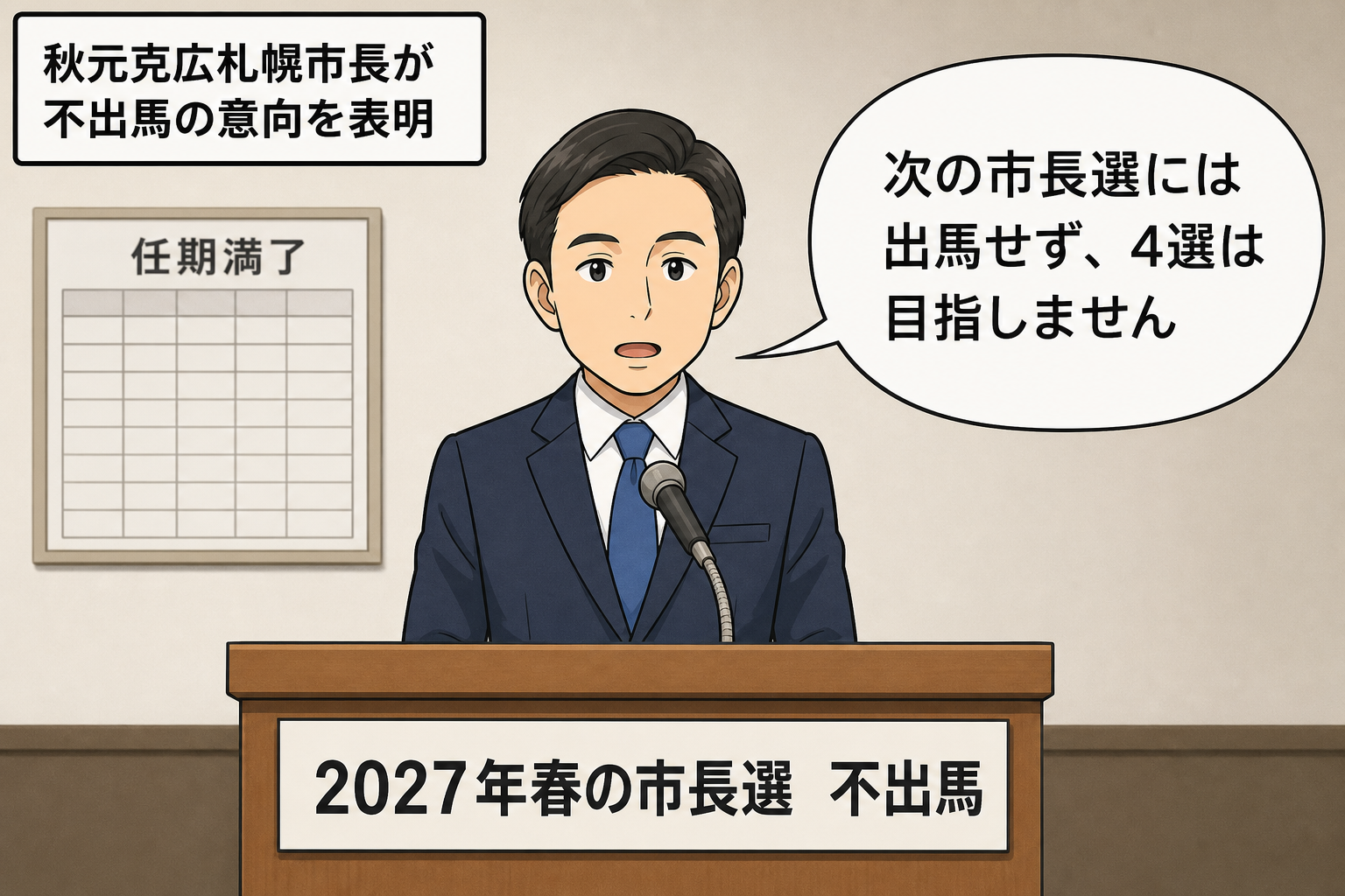 札幌市長の役割を表すスーツ姿の男性キャラが、2027年春の市長選に出馬せず4選を目指さない方針を会見で表明している。