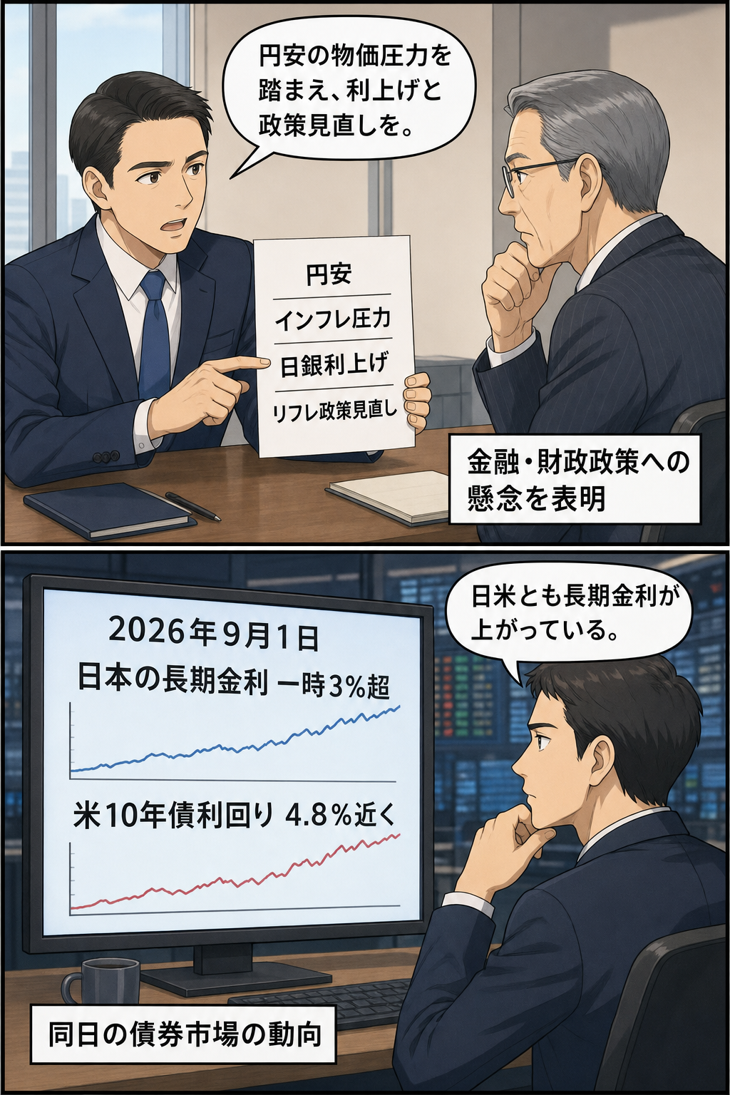 米財務当局者風の男性キャラが円安による物価圧力への懸念と政策見直しを伝え、別のコマで2026年9月1日の日米の長期金利水準を市場関係者が確認する中立的な2コマ漫画。