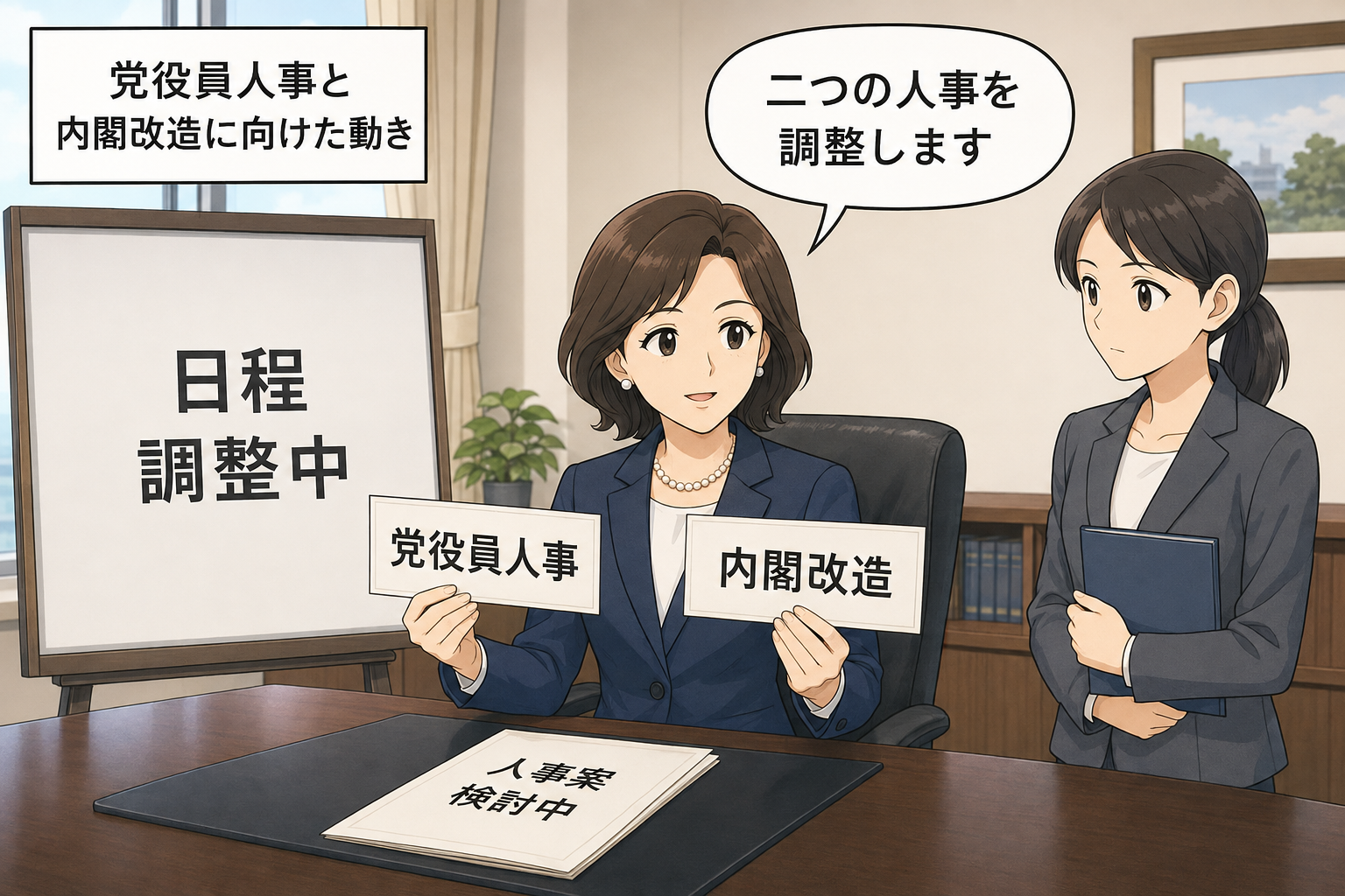 スーツ姿の女性の首相風キャラが、党役員人事と内閣改造を示す二つの予定札を前に調整を進める中立的な一場面。