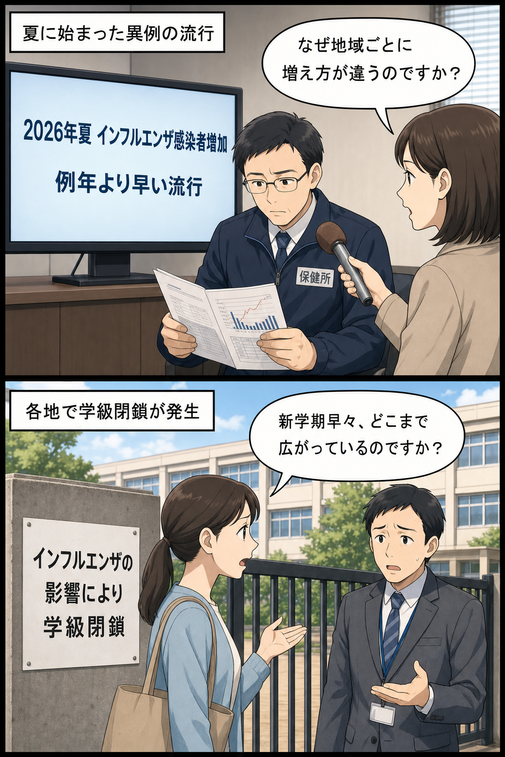例年より早い夏のインフルエンザ流行について説明を求める記者と、新学期早々の学級閉鎖に戸惑う保護者を描いた2コマ漫画。