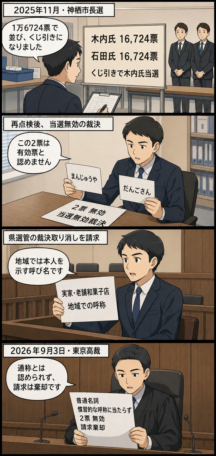 神栖市長選の同数得票とくじ引きから、問題の2票の再点検、候補者側の主張、東京高裁による無効判断と請求棄却までを中立的に描く4コマ漫画。