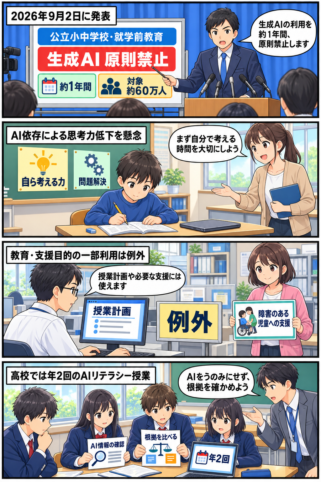 一般化された男性の市長風キャラが、公立小中学校と就学前教育での生成AI利用を約1年間原則禁止する方針を説明し、その背景、例外、高校でのAIリテラシー授業を順に示す4コマ漫画。