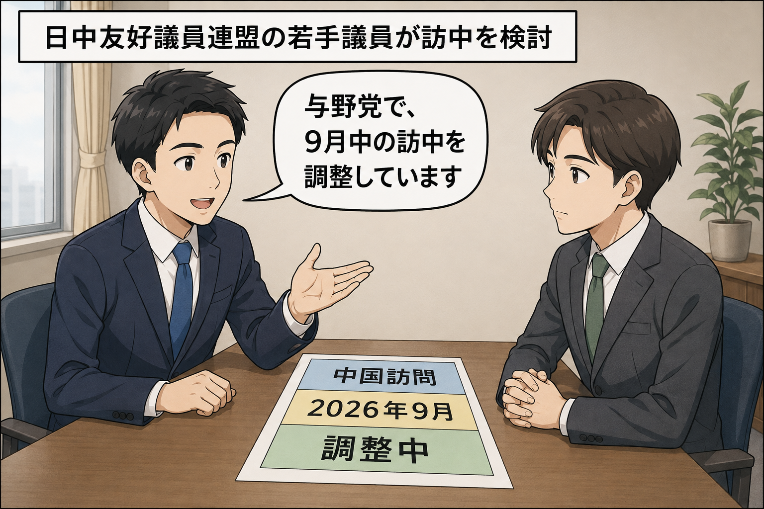 与党と野党の一般化された若手議員たちが、「中国訪問」「2026年9月」「調整中」と書かれた予定表を囲み、訪中日程を話し合っている。