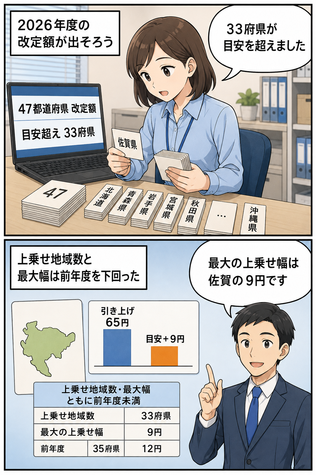 全国の最低賃金改定額が出そろい、33府県が国の目安を上回ったことと、佐賀県が65円引き上げて目安を9円上回ったことを示す2コマ漫画。