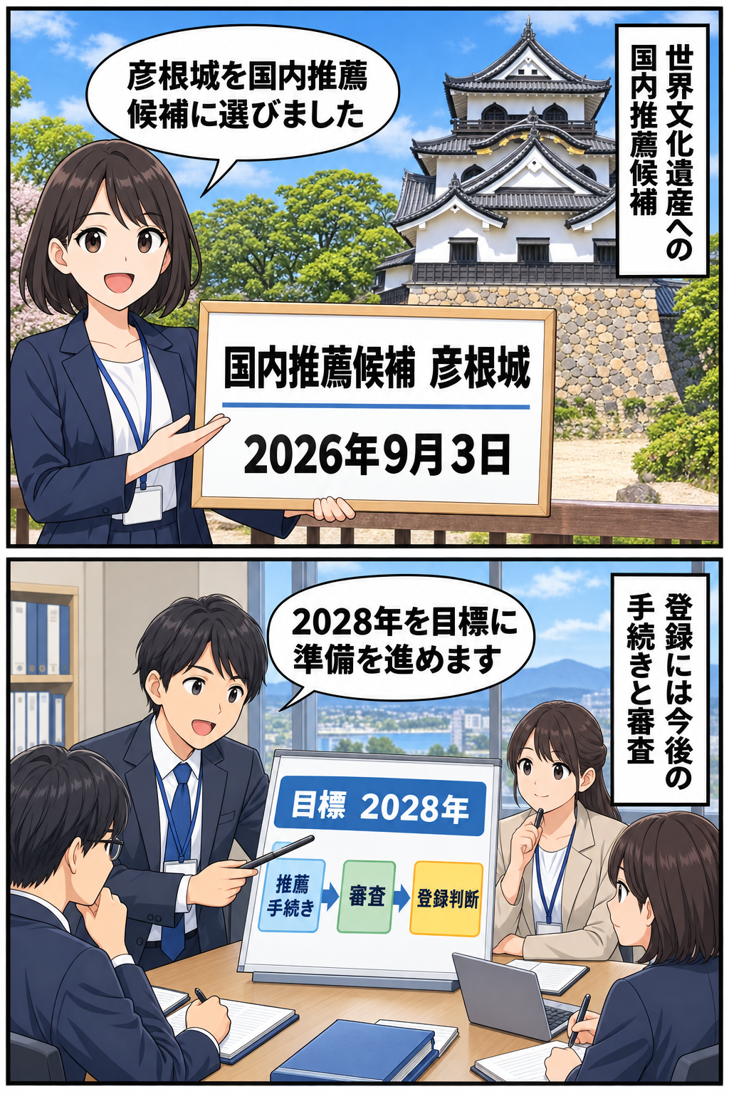 国宝の天守がある彦根城を背景に、国内推薦候補への選定と2028年の世界文化遺産登録に向けた準備を中立的に描いた2コマ漫画。