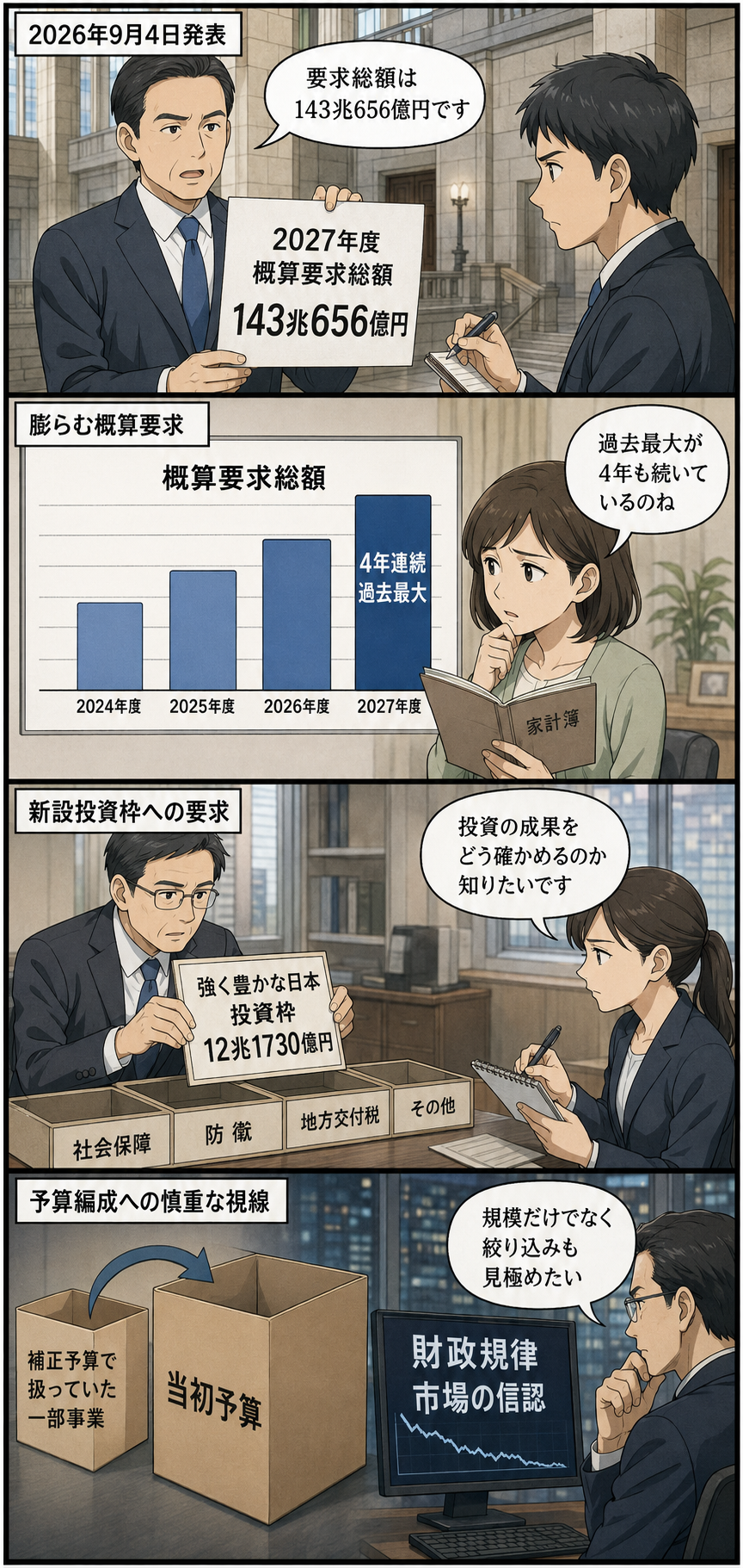 財務省風の庁舎で概算要求総額143兆656億円が示され、4年連続の過去最大、新設投資枠、当初予算への事業組み込みを順に確認しながら、記者と市場関係者が財政規律や投資効果を慎重に見つめる4コマ漫画。