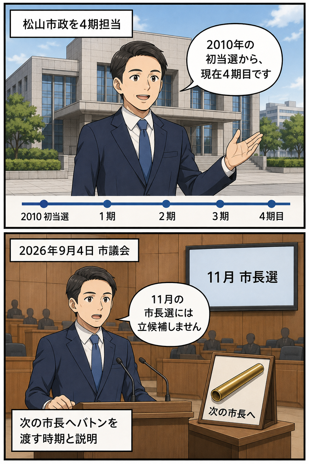 2010年の初当選から4期目を迎えた男性の市長風キャラが、2026年9月4日の市議会で11月の市長選に立候補せず、次の市長へバトンを渡す時期だと表明する2コマ漫画。
